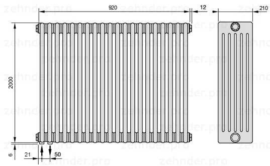 Схема (чертеж) Радиатор Zehnder Charleston 6200/20 №3370 Белый глянцевый RAL 9016
